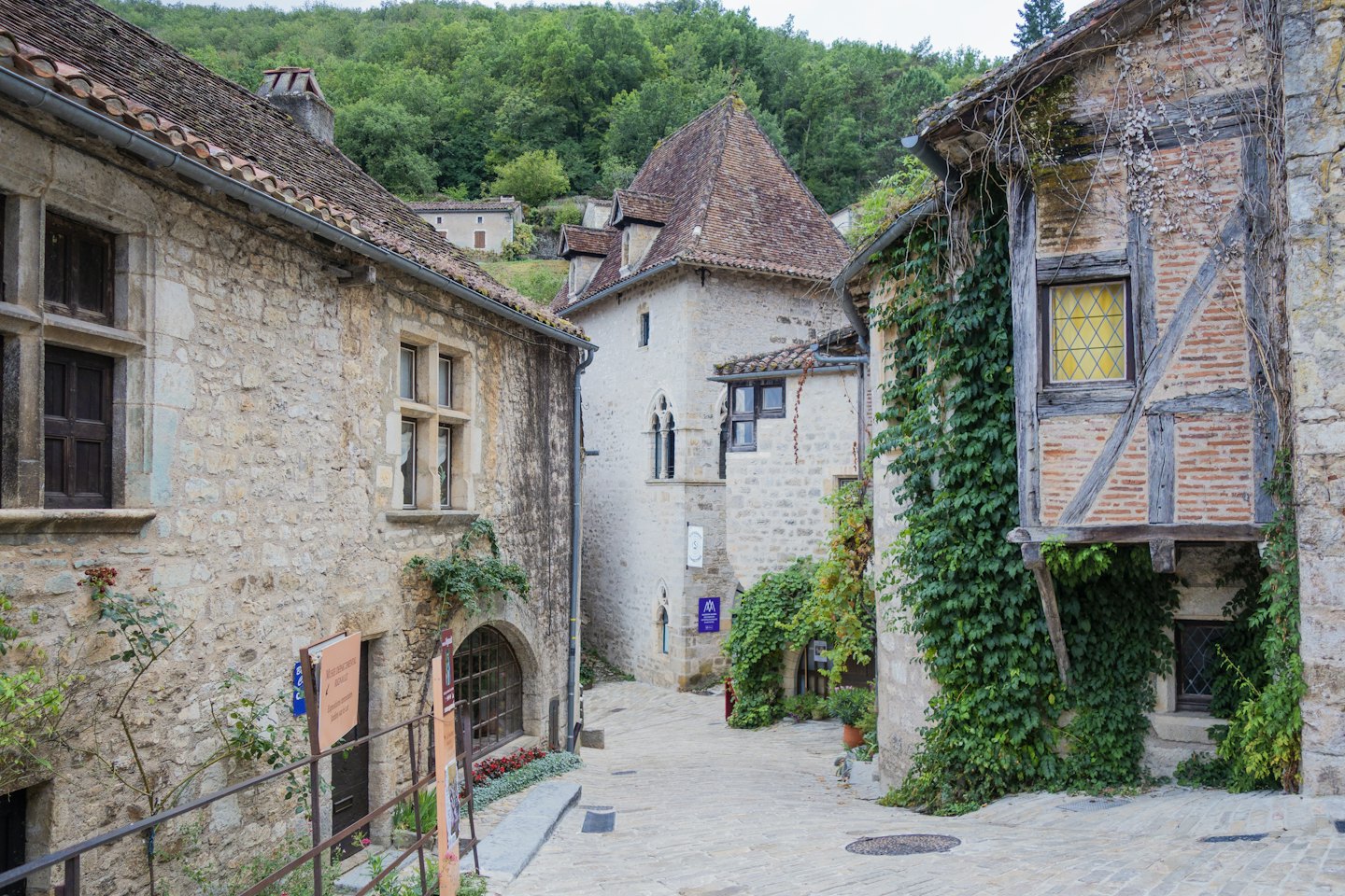Efeu-bewachsene Steingebäude säumen eine Kopfsteinpflastergasse in einem historischen Dorf.